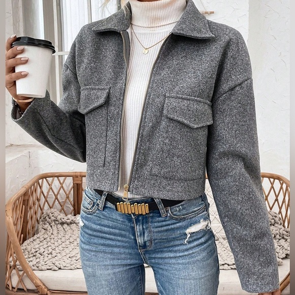 Flap Pocket Drop Shoulder Woolen Coat black - Picture 2 of 4